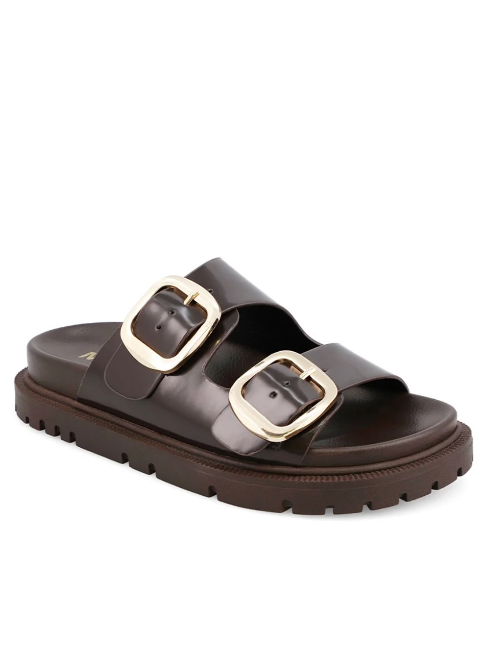 MIA Gen Coffee Brown Glossy Gold Buckle Sandals 7.5